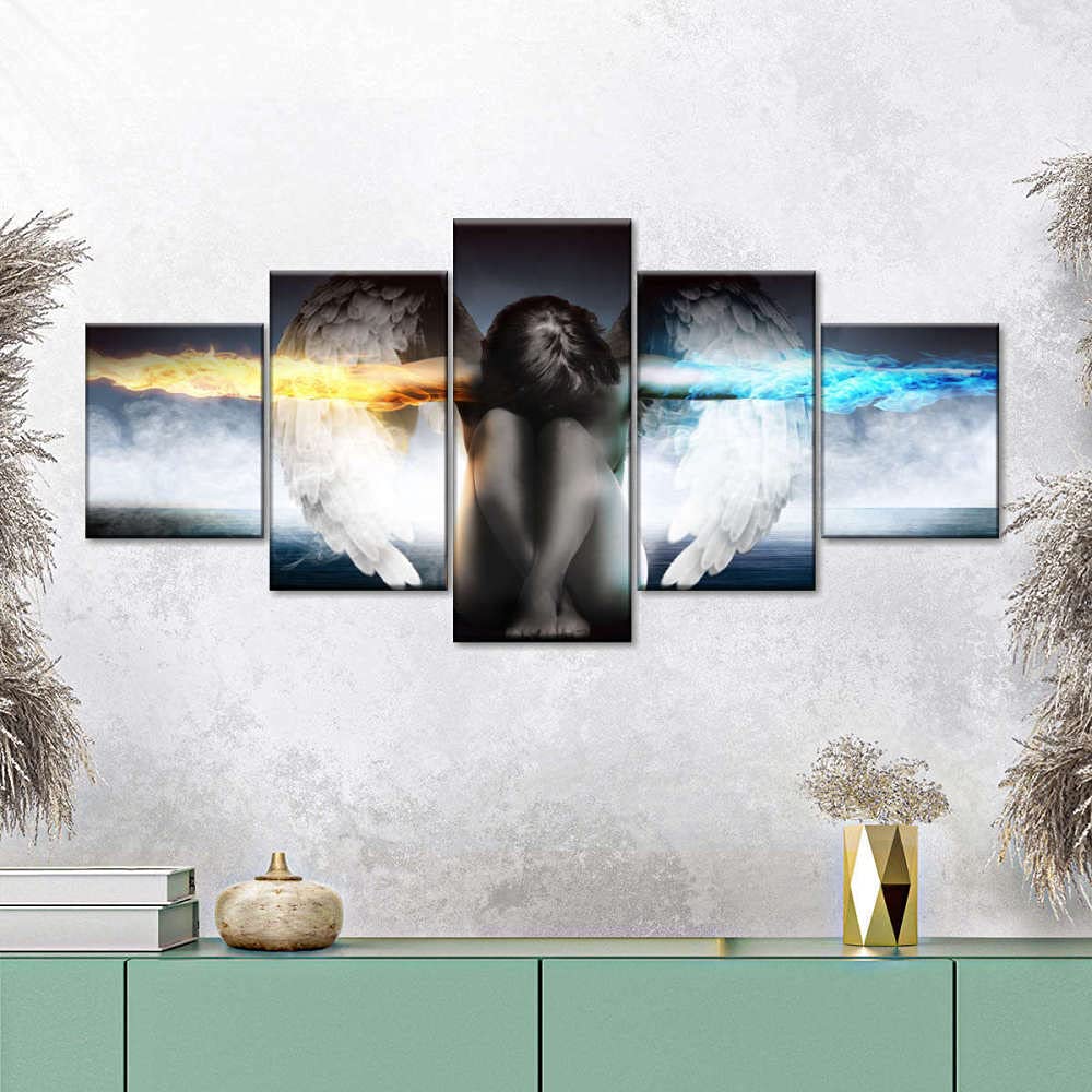 YUANJUN Impresión De 5 Piezas Material Tejido No Tejido Impresión Artística Imagen Gráfica Cuadros Decor Salon Modernos 5 Piezas Lienzo Grandes XXL Alas De Ángel De La Guarda De Lona