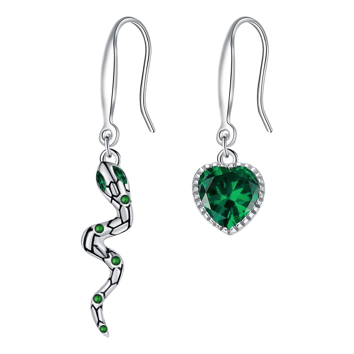 Hifeeled Pendientes Largos Mujer Plata de Ley 925 Asimétricos Colgante de Serpiente y Corazón con 3A Circonia Cúbica Regalos Originales Para Mujer