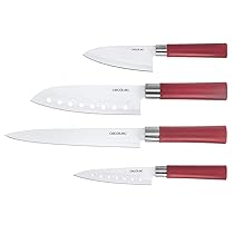 Cecotec Set di 4 coltelli professionali in stile giapponese per uso domestico. Rivestimento in ceramica. Set di coltelli Santoku (rosso)