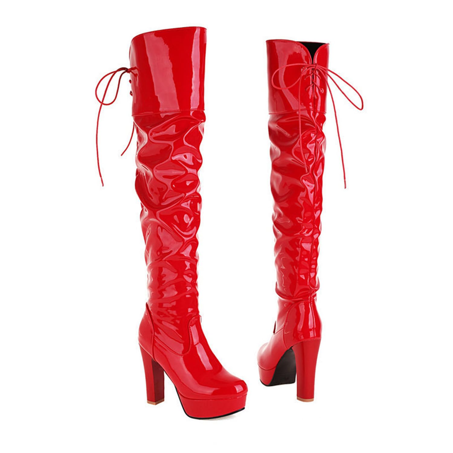 Plate-Forme pour Femmes sur Les Bottes au Genou Bout Rond Gros Talons Blocs Bottes Longues avec Lacets à l'arrière en Cuir Verni à Talons Cuissardes