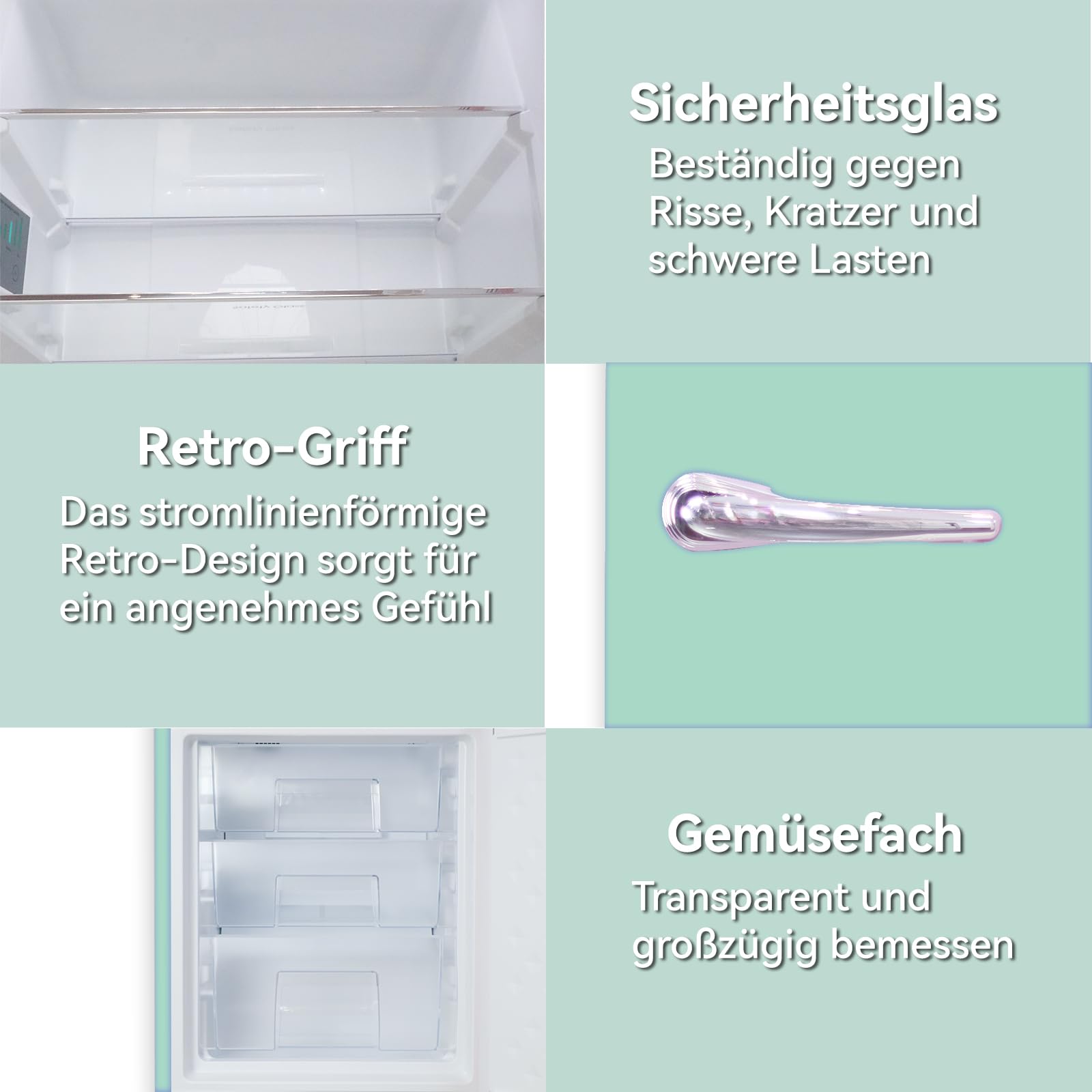 【Premium】 Retro Kühlschrank Mit Gefrierfach Vintage 179cm ,【Total No Frost Plus 】, 236L (168L/68L Gefrierfach ) | Kühl Gefrierkombination Freistehend Retro | Elektronische Steuerung | Matcha-Grün