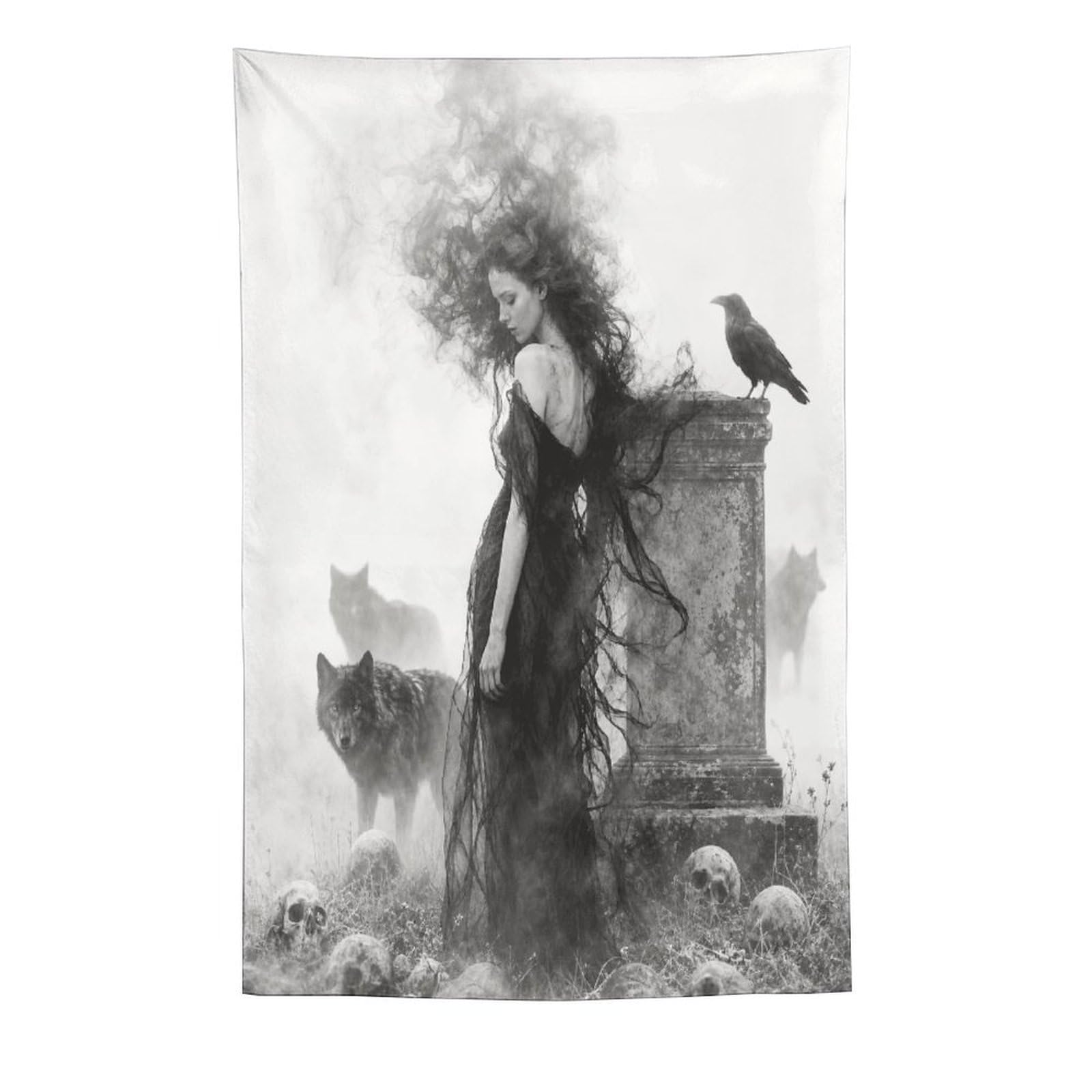 W7C8U2X3 Raven Woman with Black Cat Wall Tapestry, Fantasy Illustration