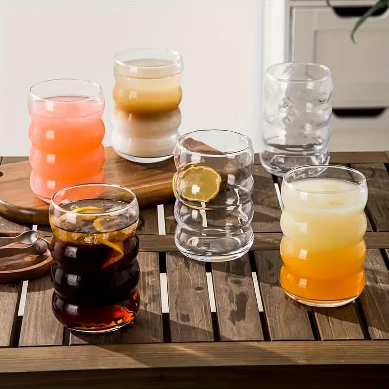 Image of PrimeWorld Vintage Ripple Drinking Glasses Set of 6 - 325 ml | Round Wave Shape Beverage Glass Cups for Juice, Beer, Wine & Cocktails | Elegant Retro Glassware for Home, Kitchen, Bar & Parties