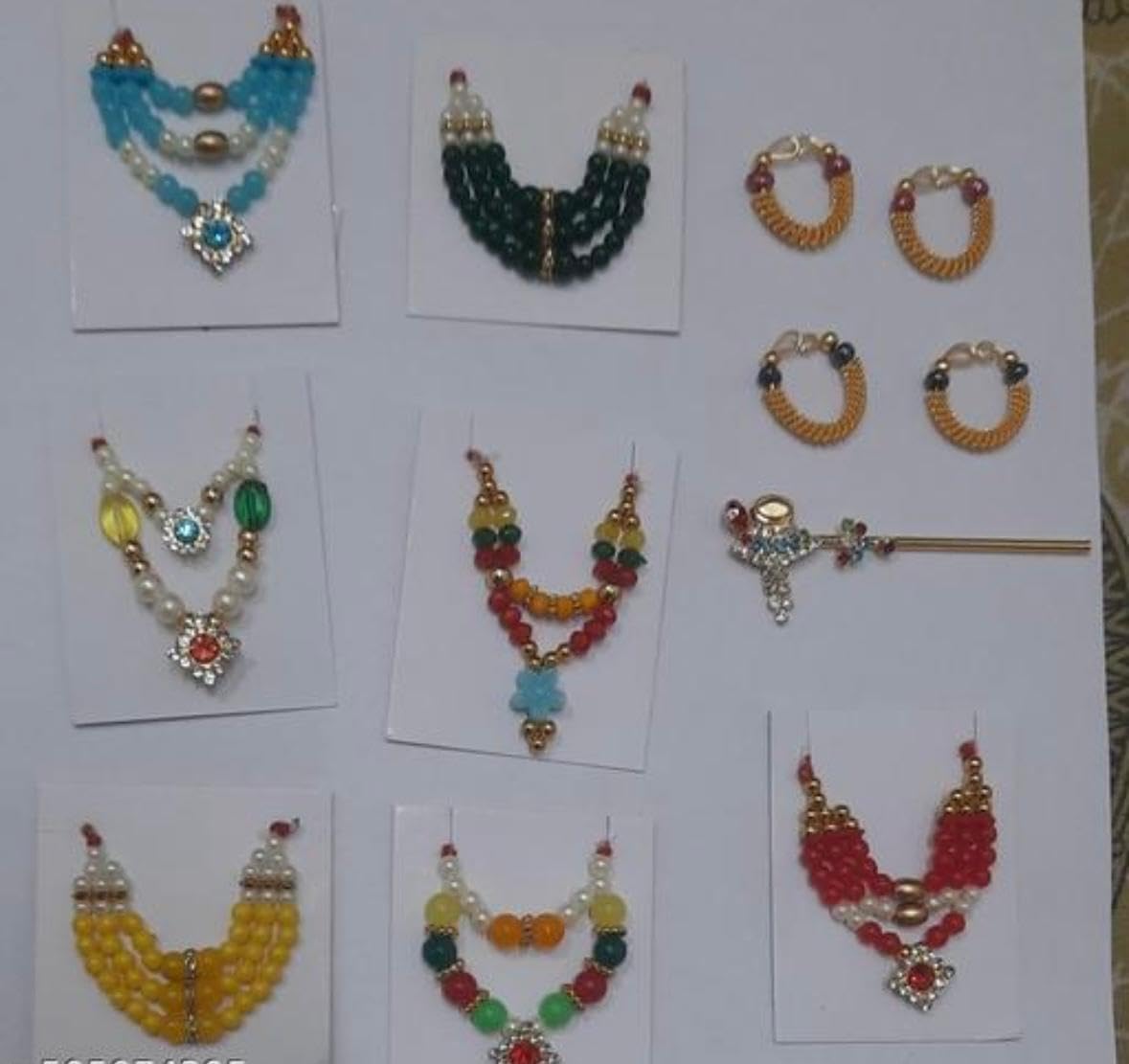 Small Size 0 no to 3 no laddu Gopal Accessories Set of 7 moti & Diamond mala/ 2 Pair kangan 1 Bansi for All god Idol laddu Gopal/Krishna ji radharani, fastival mala Set-picture-28