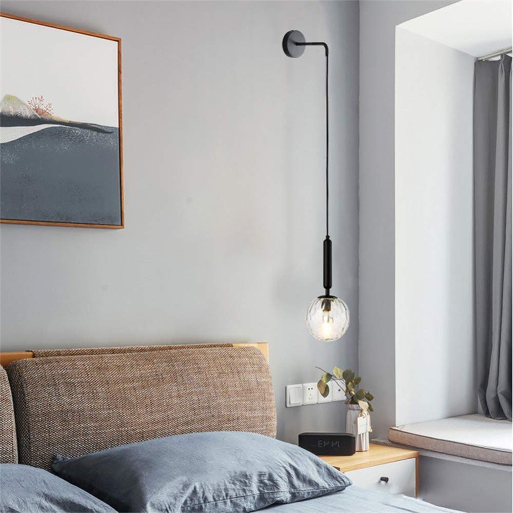 Airui Black+Clear Nordic Style Wall Light Modern E27 Glass Sconce Wall Lamps For Living Room Bedroom Bedside Lamp Indoor Pendant Wall Lighting Fixture,-Warmlight
