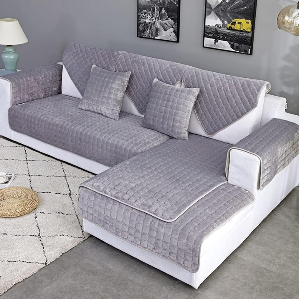 Farmhouse Plaid Quilted Sofa Couch Cover Solid Color Warm Plush Sectional Couch Covers Soft Non-Slip Sofa Slipcover for Kids, Dogs, Pets Furniture Protector, 1 Piece (Grey,27"x27")