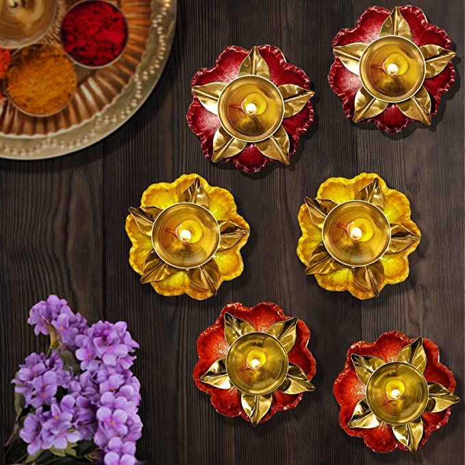 Satvik 12 Pc Amayra Designer Lotus Shape Diya. Decorative Flower Dia Diwali Candle Tea Light Holder Stand Dia Oil Lamp Indoor Decoration Table Diya Housewarming Return Gift
