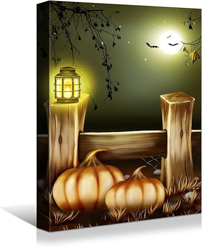 Miniatura 5 de Wewejia Lienzo de Halloween para pared, arte de pared de bruja, murciélago, farol, calabaza, gato, póster de imagen negro para sala de estar,