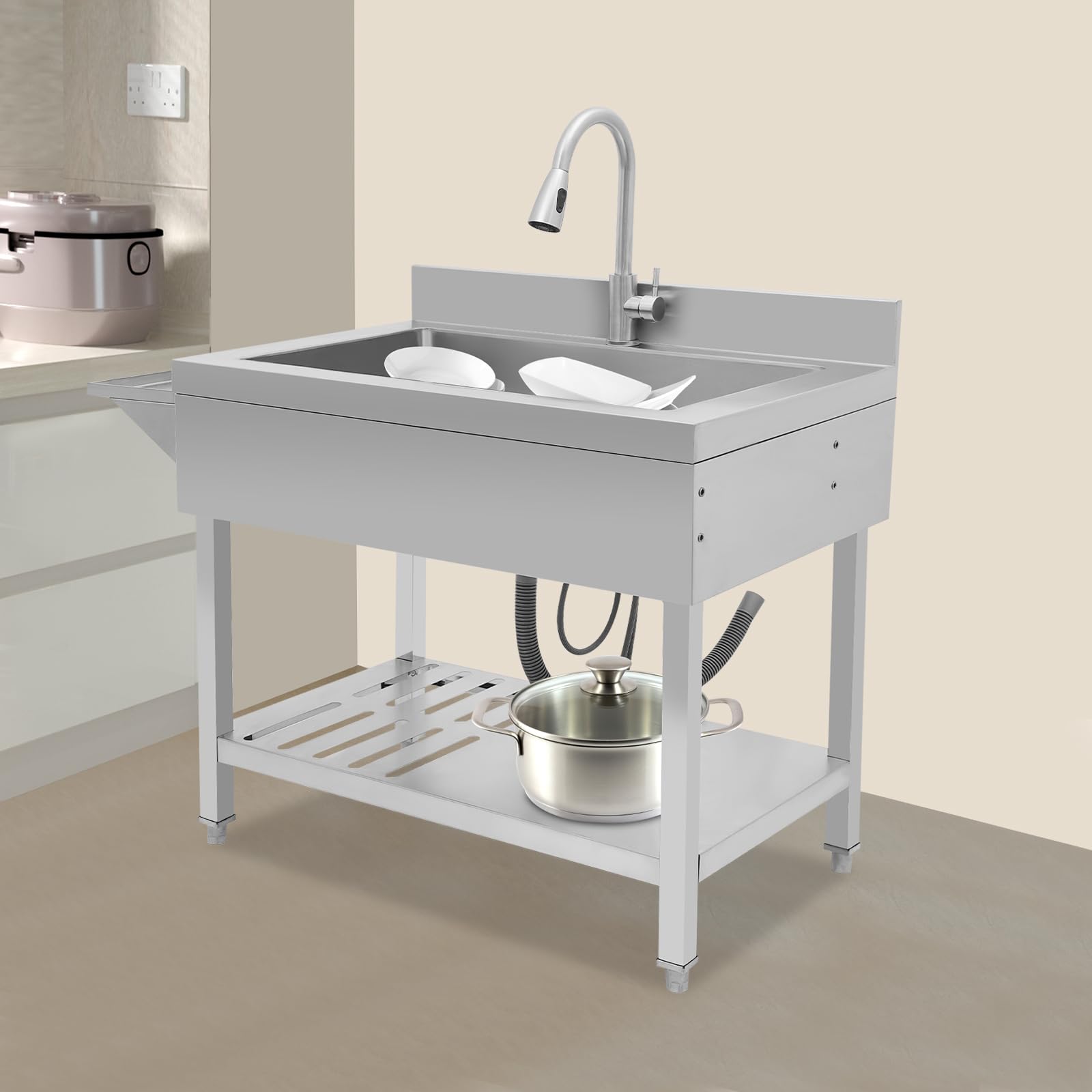 Einzelbecken Spülbecken, Edelstahl Freistehend Küchenspüle, Spülenschrank Waschbecken mit Ausziehbarer Armatur 360° Schwenkbar, Gewerbespüle bis 150kg Tragfähigkeit 90x57x85cm (Silber)