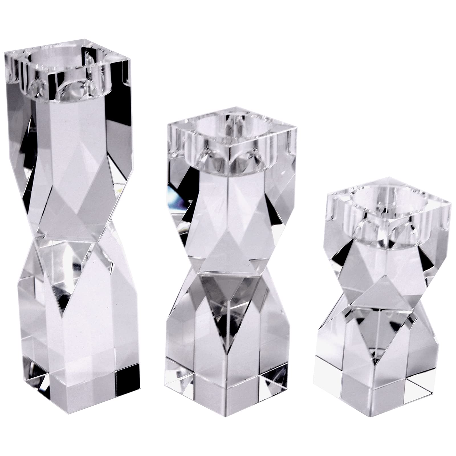 Aixita Glass Tealight Candle Holder Set of 3, Geometric Clear Crystal Candlestick Holders for Table Centerpiece Memorial Wedding Party, Large Pillar Votive Candelabra Candle Holder Stand Decorative