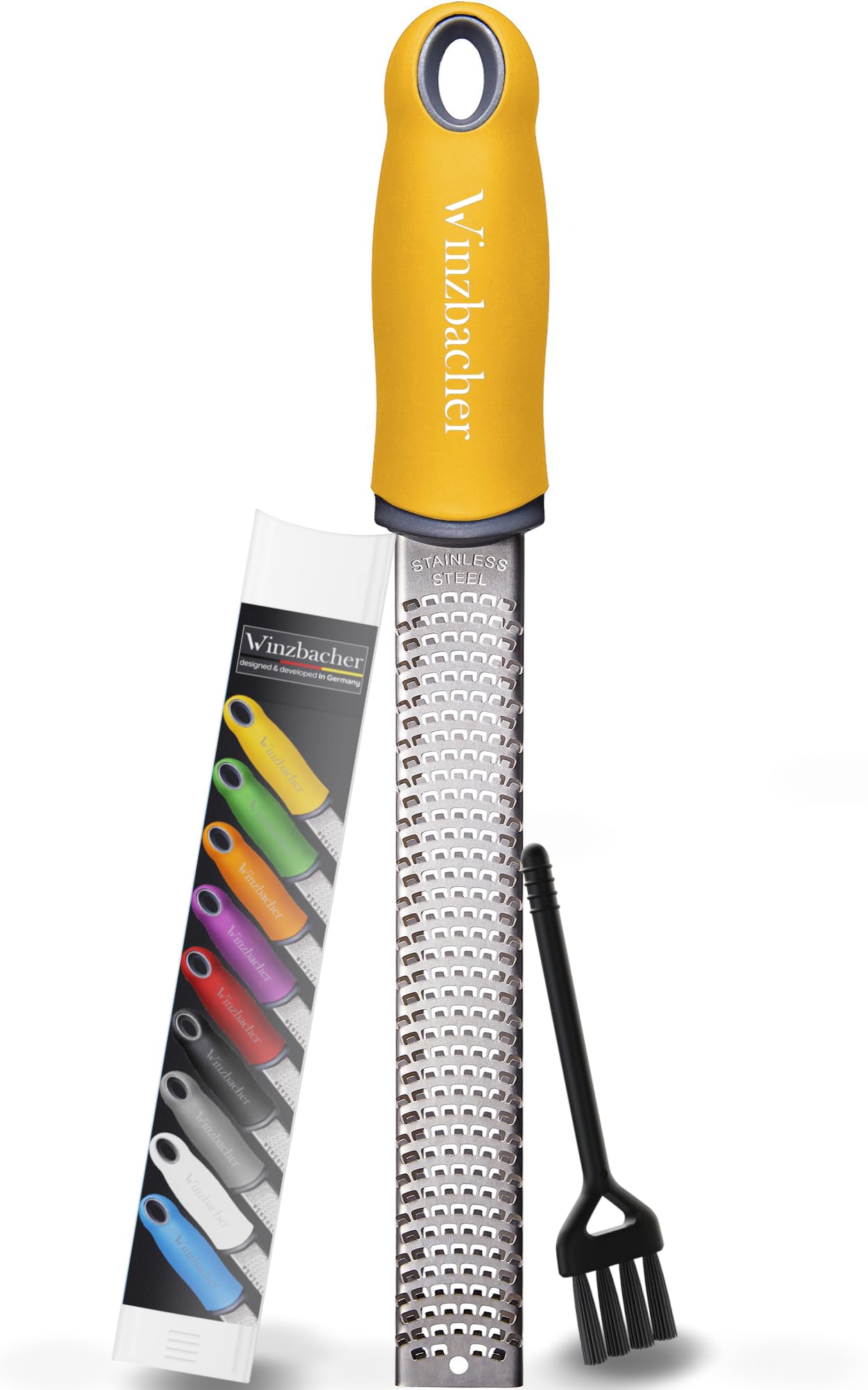 Winzbacher® - Premium Zester Reibe I Parmesanreibe, Zitronenreibe, Muskatnuss Reibe, Ingwerreibe u.v.m. I rasiermesserscharfe Edelstahl Klinge I Spülmaschinenfest I inkl. Schụtz & Reinigungsbürste