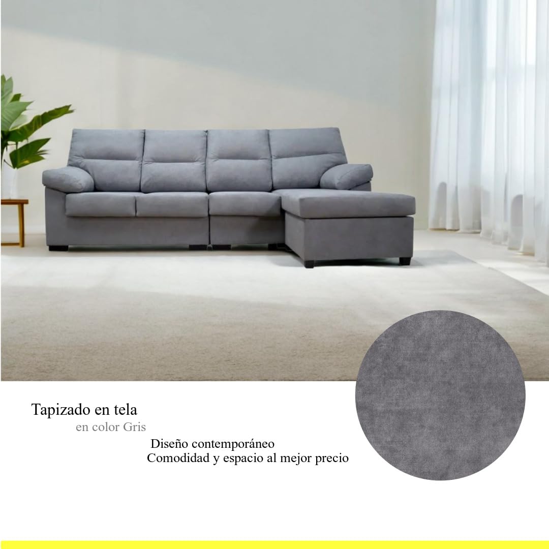 SHIITO | Sofá Cóndor de 4 Plazas con Chaiselongue - Máximo Confort y Relax | Diseño Elegante y Compacto | Fabricado en Madera de Pino y Tablero Aglomerado, Color Gris, 265cm de Ancho