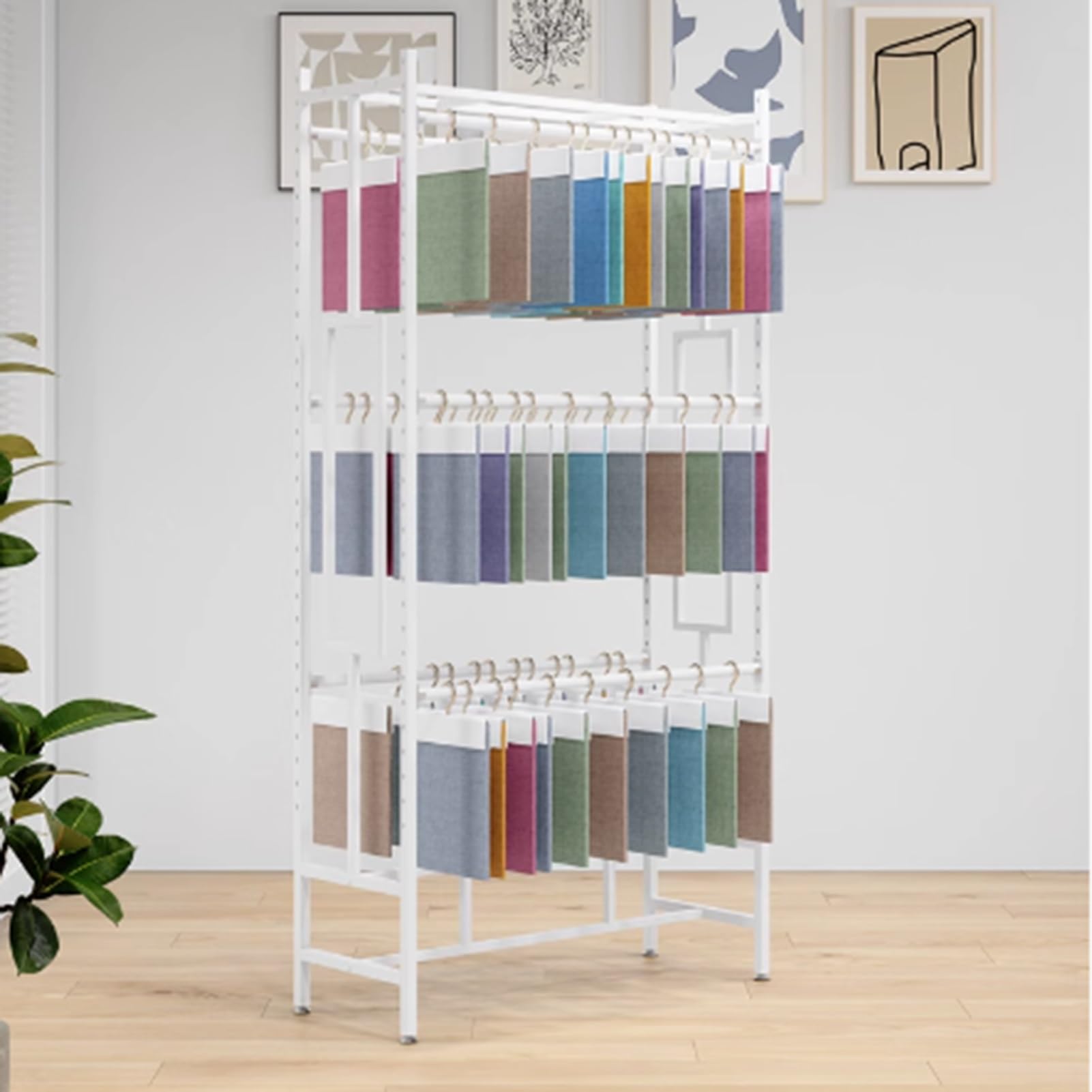Espositore per tappeti in Metallo da Pavimento, espositore per Campioni di Tessuto Commerciale, zerbino in Tessuto per Tappetino per Auto, Appendiabiti Multistrato,White-120x40x200cm
