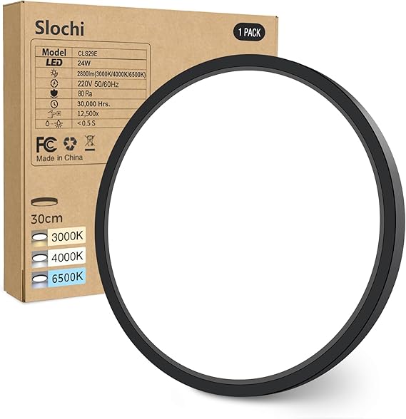 slochi slochi Led-plafondlamp, 24 W, 3000 K, 4000 K, 6500 K, zwart, 2800 lm, IP54, waterdicht, plafondlamp, badkamer, plafondlamp, rond, voor slaapkamer, woonkamer, hal, garage, keuken, balkon, Ø 30 cm