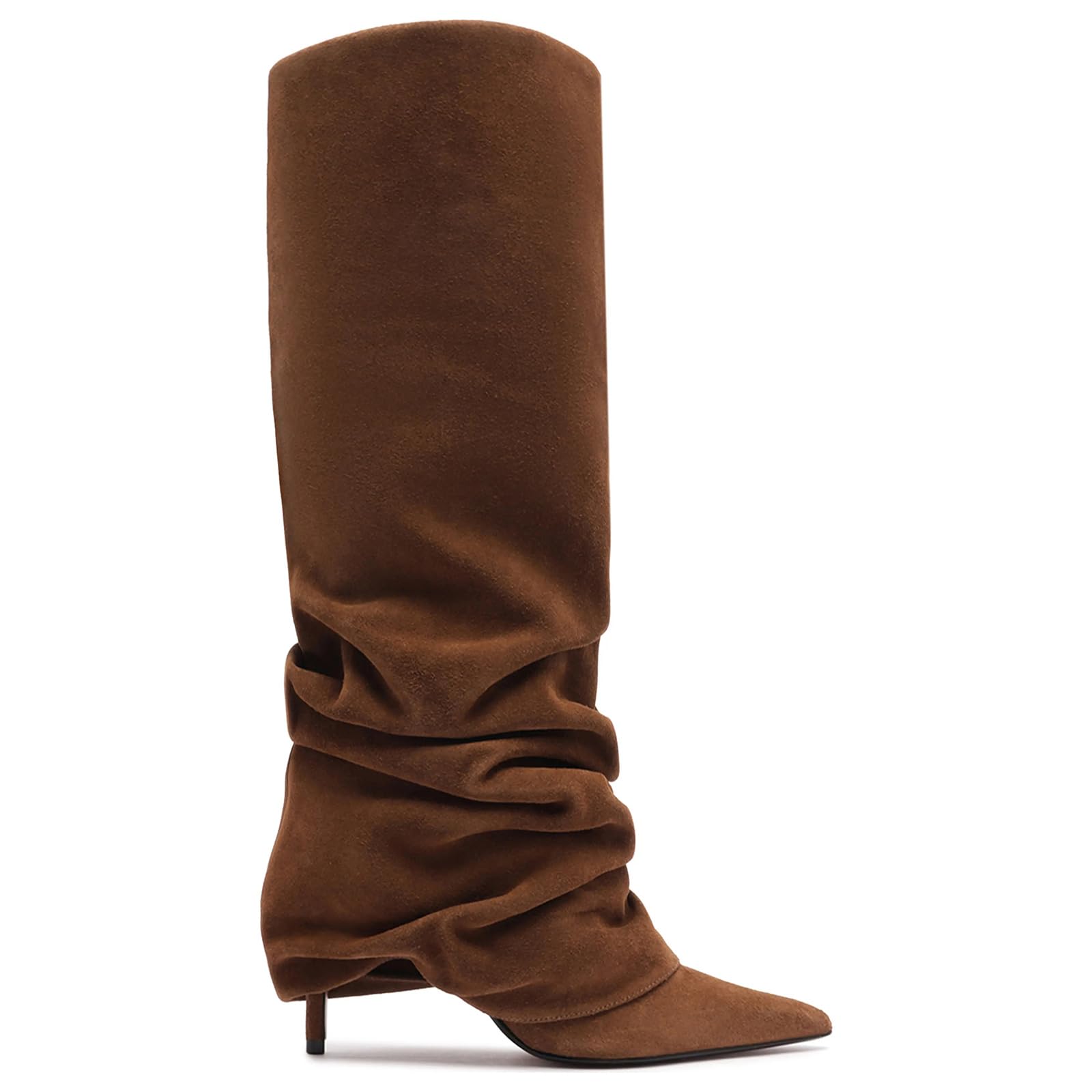 Womens Fold Over Knee High Boots Stiletto Heels Slouchy Long Boot Pointed Toe Thigh High Dress Tall Boot