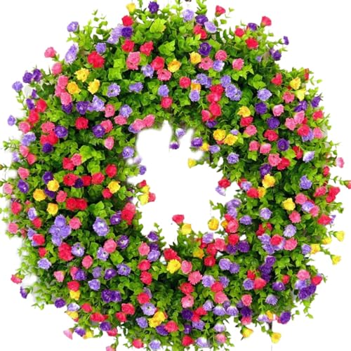 Corona di fiori vibranti – 38,1 cm, fiori artificiali gialli, bianchi, , corone perfette per la primavera ed estate per porta d'ingresso, corona di eucalipto finta