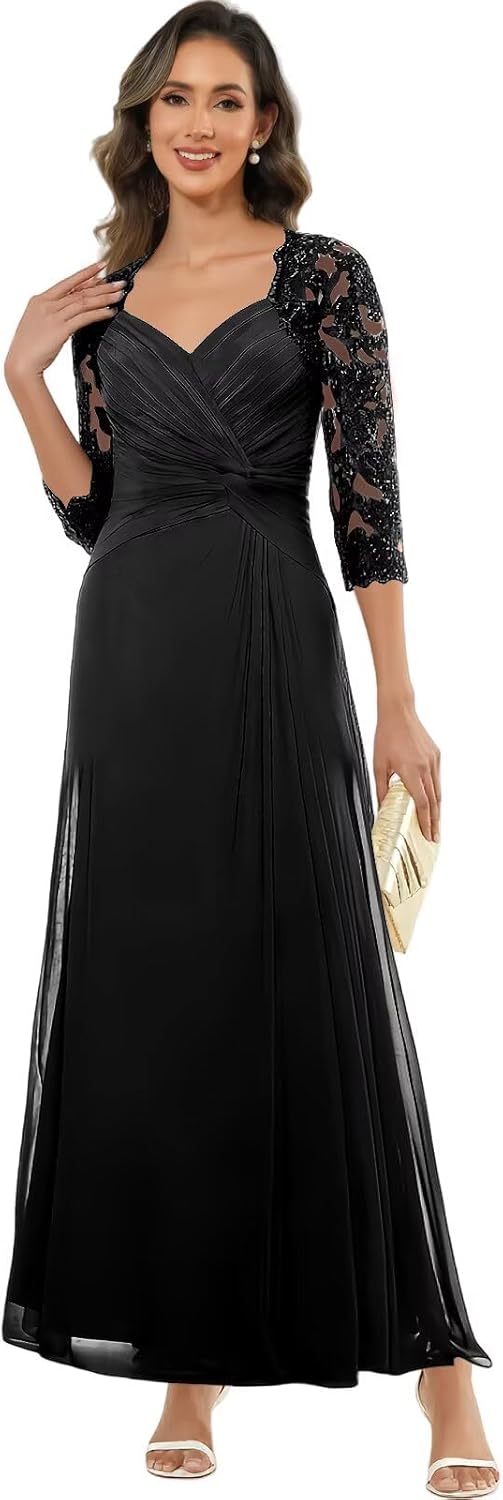 3/4 Sleeve Mother of the Bride Dresses for Women Chiffon Lace Applique Long Formal Dress