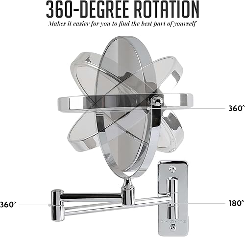 Miniatura 3 de Ovente Espejo de maquillaje de montaje en pared de 7 pulgadas 1 lupa y 7 aumentos reflejo redondo giratorio ajustable de doble cara extensible brazo