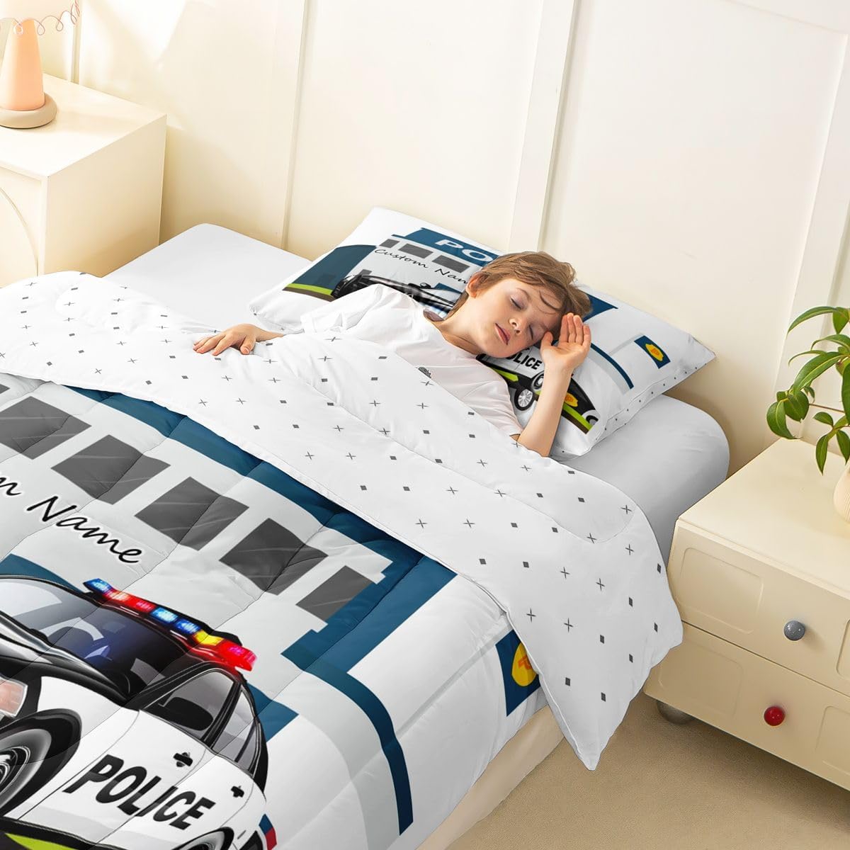 Erosebridal Children Police Car Comforter Set, Custom Name Car Bedding Set Twin for Kids Boys Girls Teens Bedroom, Cartoon Automobile Duvet Insert Emergency Rescue Vehicle Bedding Comforter Sets