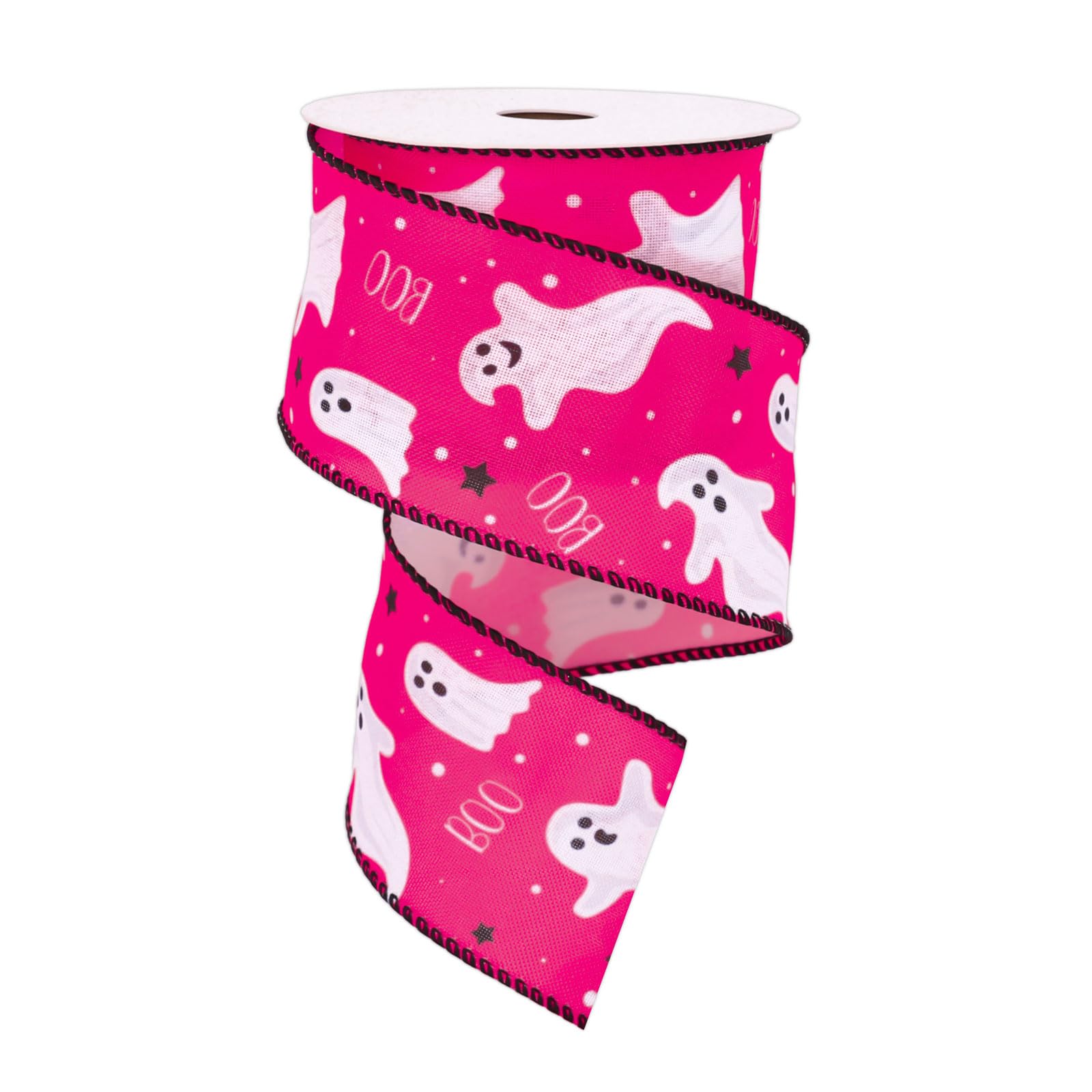 Whaline Halloween Wired Edge Ribbon Cute Ghost Boo Craft Ribbon Hot Pink Fabric Wrapping Ribbons for Bow Wreath Craft Party Decor, 2.5 Inch, 10 Yards