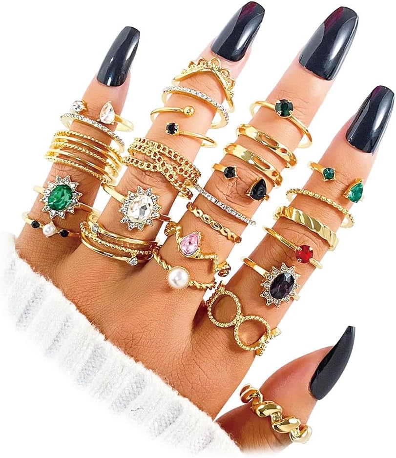 17IF 26-30Pcs Gold Boho Vintage Fashion Sparkle Knuckle Rings Set for Women | Aesthetic Trendy Joint Snake Ring Pack, Retro Green Black Pink Colorful Rhinestone Star Crystal Leaf Diamond Pearl Jewelry