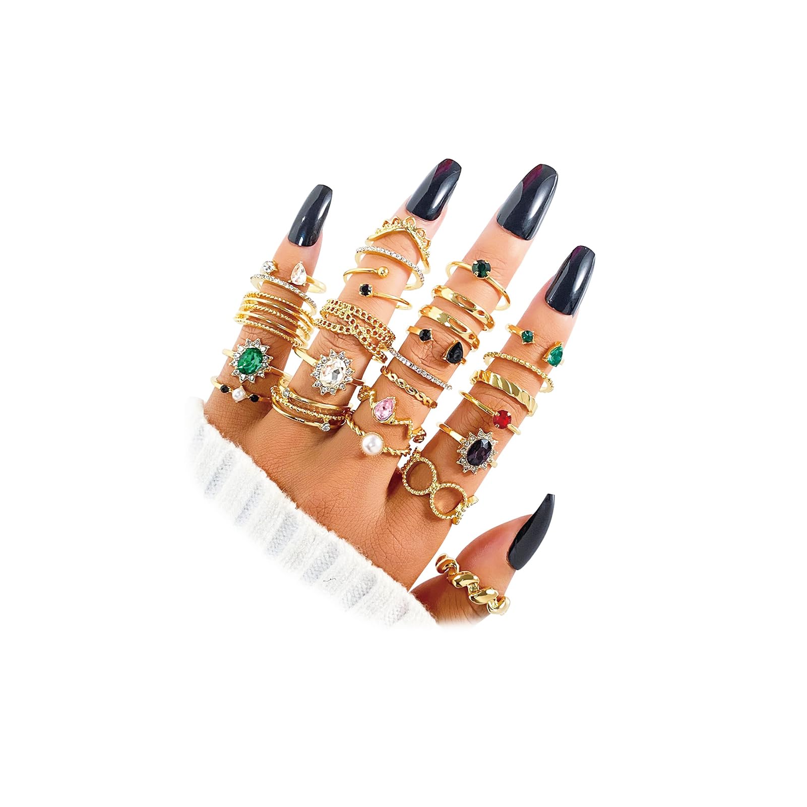 Gold Boho Sparkle Knuckle Rings Set For Women, Vintage Fashion Aesthetic Trendy Joint Snake Ring Pack, Retro Green Black Pink Colorful Rhinestone Star
