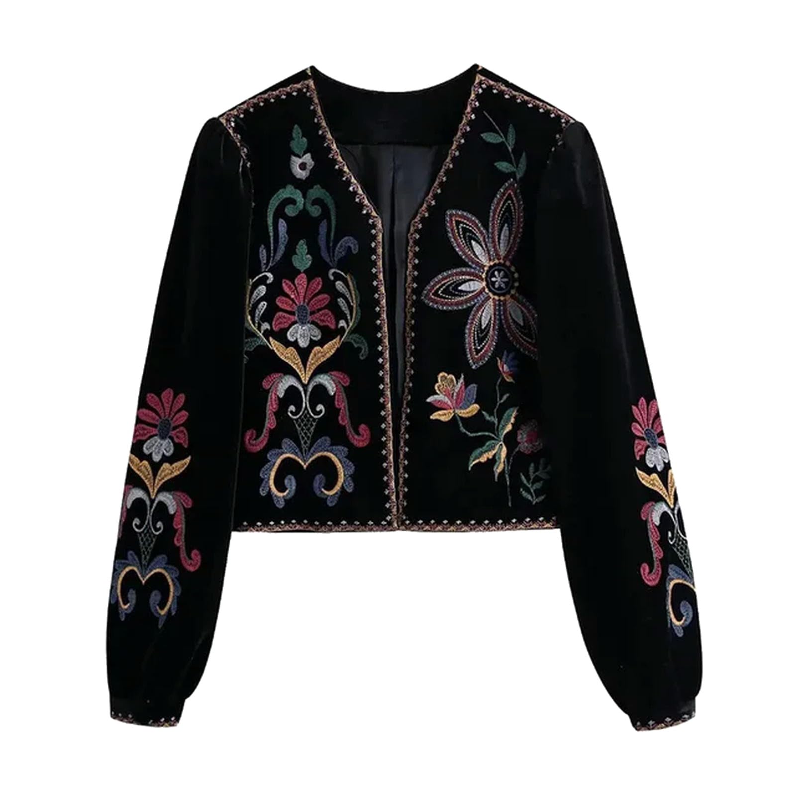 Women Jacket Embroidery Coat Long Sleeve Outerwear O-Neck Vintage 