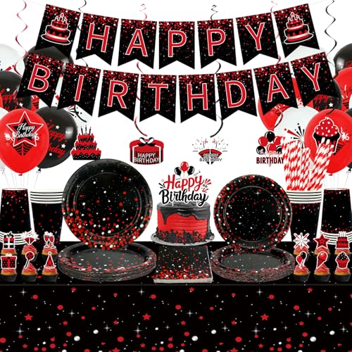 Obussgar Décoration d'anniversaire rouge et noir – Accessoires de fête comprenant bannières, assiettes, décorations de gâteau, gobelets, serviettes, ballons, nappes – pour 20 personnes (LQ)