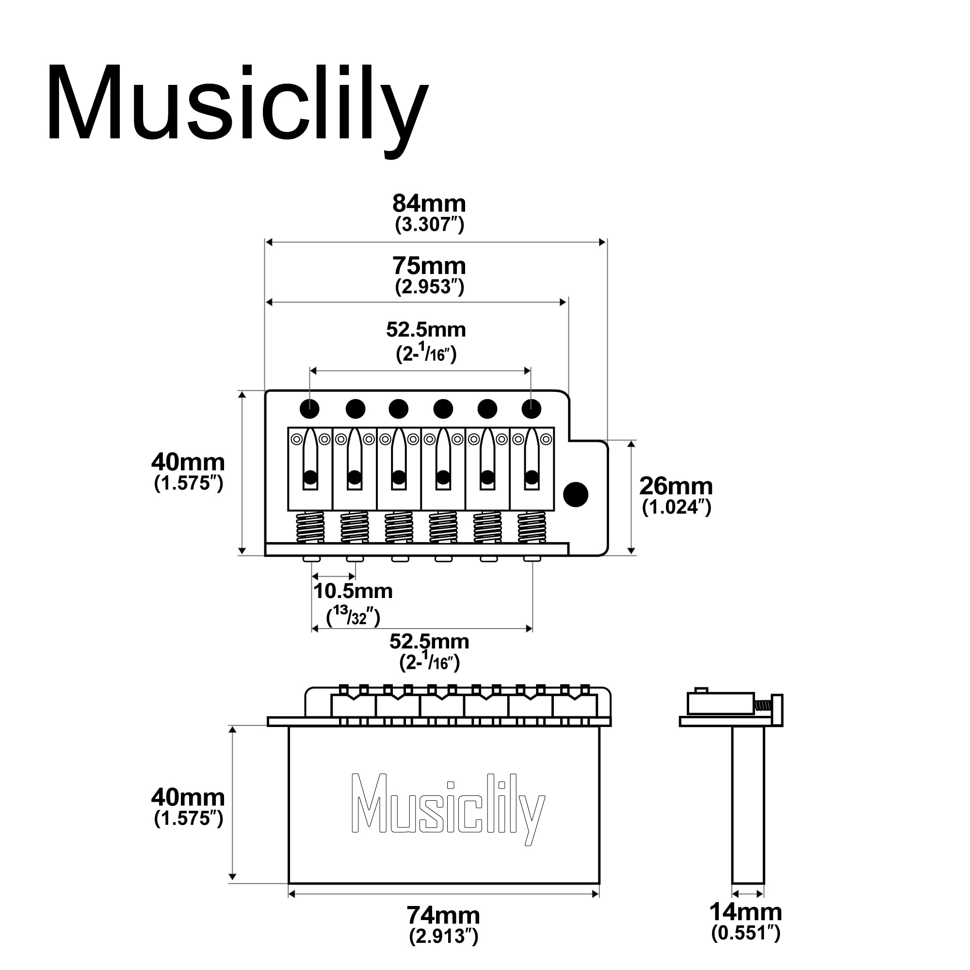 Musiclily Pro 52,5 mm nowoczesny 6-rzędowy mostek Tremolo 40 mm blok z litego mosiądzu do gitary elektrycznej w stylu Squier Strat, chrom