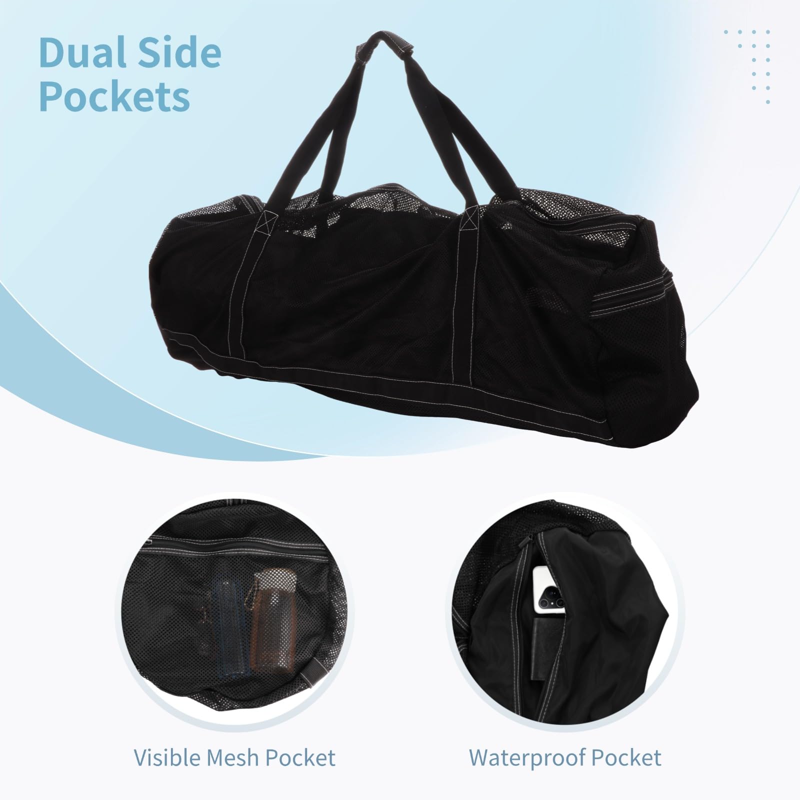 Schwarze Netztasche, 94 x 38,1 x 38,1 cm, extra große Tragetasche für Tauch- oder Schnorchelausrüstung, Polyester-Aufbewahrungstasche für Strand, Pool, Schwimmen, Reisen, Sport, Schwarz