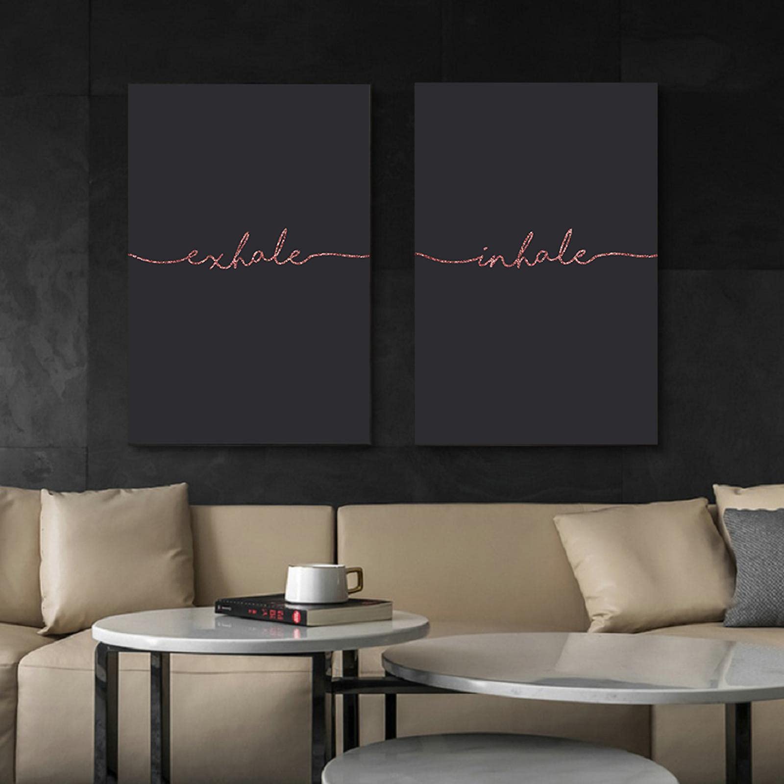 Yooyu Black Gold Silver Inhale Exhale Arte de la pared Impresiones Carteles Letras Citas Pintura en lienzo para la sala de estar Decoración del hogar 55x80cmx2 Marco interno