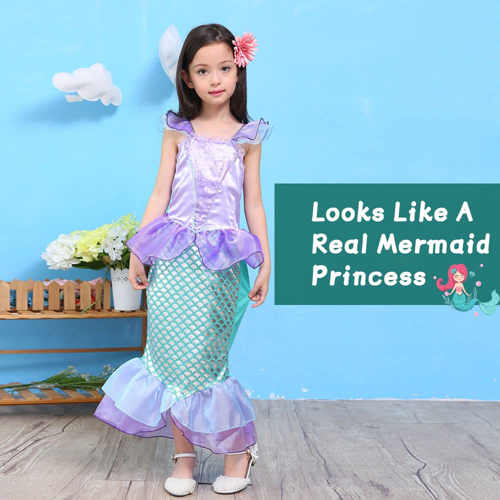 ACWOO Costume da Principessa Sirena per Bambina, Costume da Sirena per Bambine con Aaccessori, Vestito Costume da Principessa Sirena per Bambina per Halloween, Natale, Cosplay, Compleanno