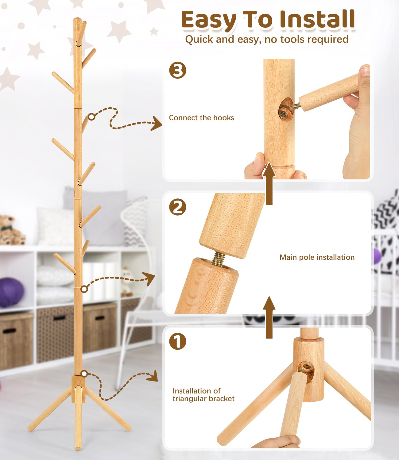 Appendiabiti per bambini in legno di faggio regolabile in altezza con 9 ganci