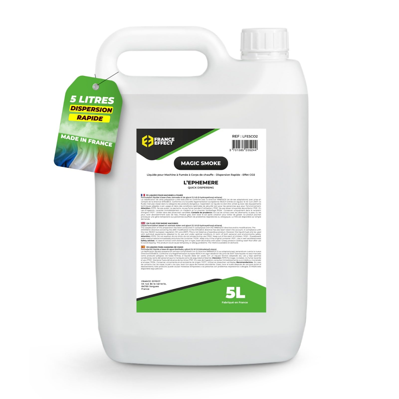France Effect Liquide pour machine à fumée - EFFET CO2, fumée geyser courte durée - Magic Smoke® 5L - légère, Incolore. Inodore. Fabriqué en France.