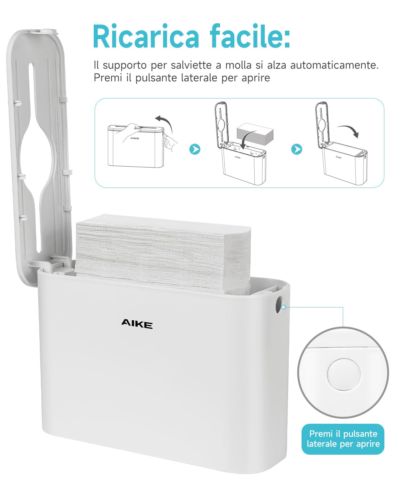 AIKE Dispenser Carta Asciugaman per Z-Fold & Multi-piega 25 x 9,8 cm | 200+ Fogli, Design Compatto per Posizionamento Flessibile, Cuscinetti Adesivi Antiscivolo, Superfici Facili da Pulire