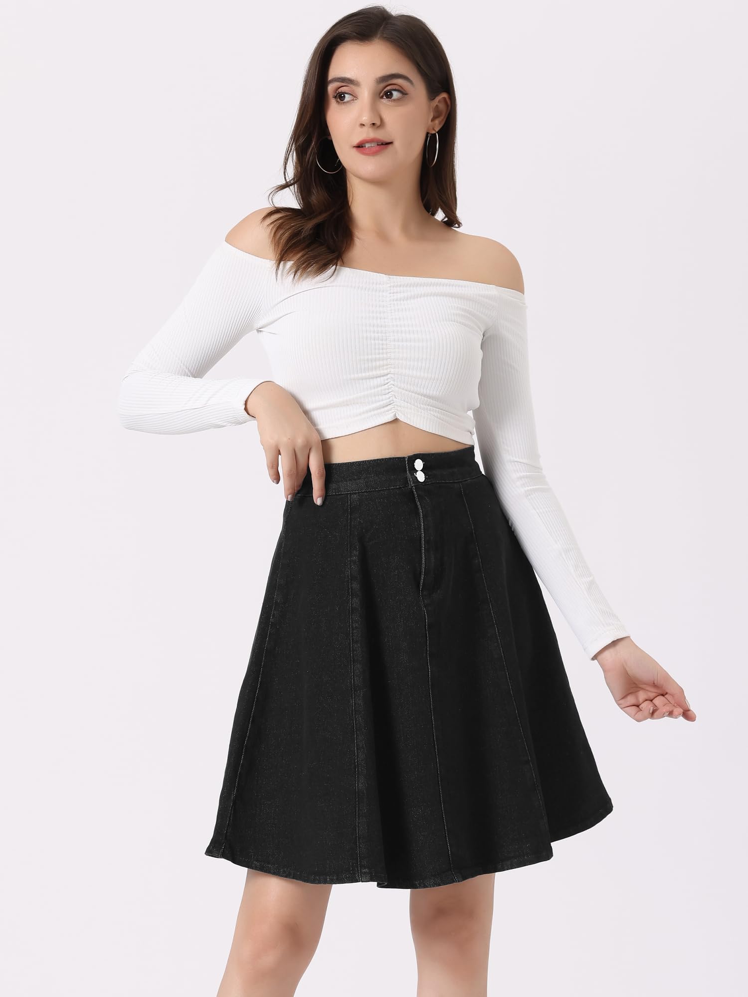 Allegra K Women's Denim Skirt High Waist Stretch Knee Length Flared Casual Jean Skirts: Large Black