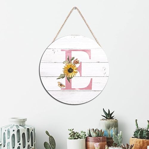 Miniatura 4 de BESTORLOVE Letrero de bienvenida para pared letra inicial E letreros redondos de madera rosa monograma girasol placa de madera floral flores campo