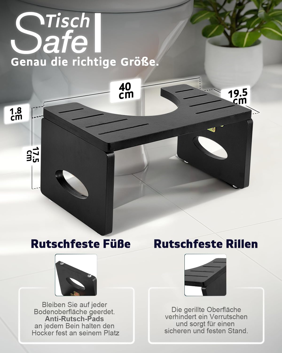 Toilettenhocker Erwachsene Holz, Klappbarer WC Hocker für Erwachsene, Toilettenhocker Klappbar Bamboo 40 * 19.5 * 17.5CM (schwarz)