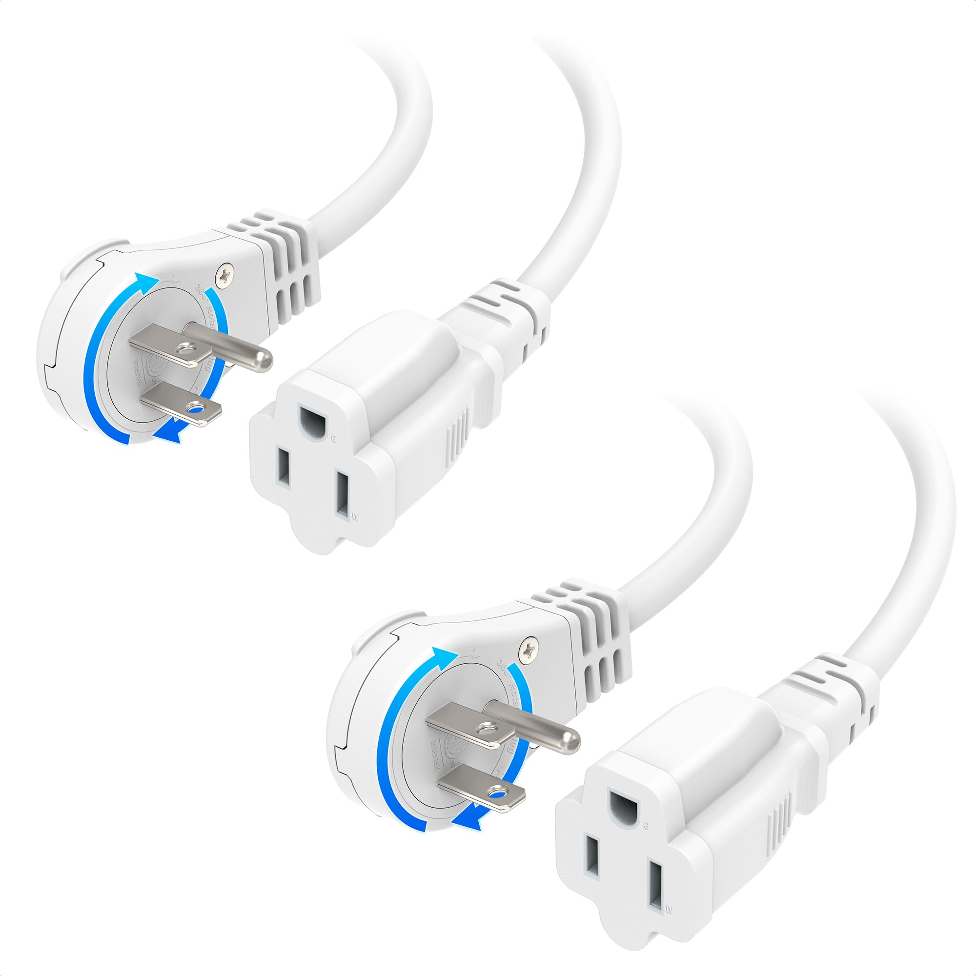 [ETL Listed] Cable Matters 2-Pack 16 AWG 360° Rotating Flat Plug Extension Cord - 6ft, 13A/1625W, Low Profile 3 Prong Power Extension Cords, NEMA 5-