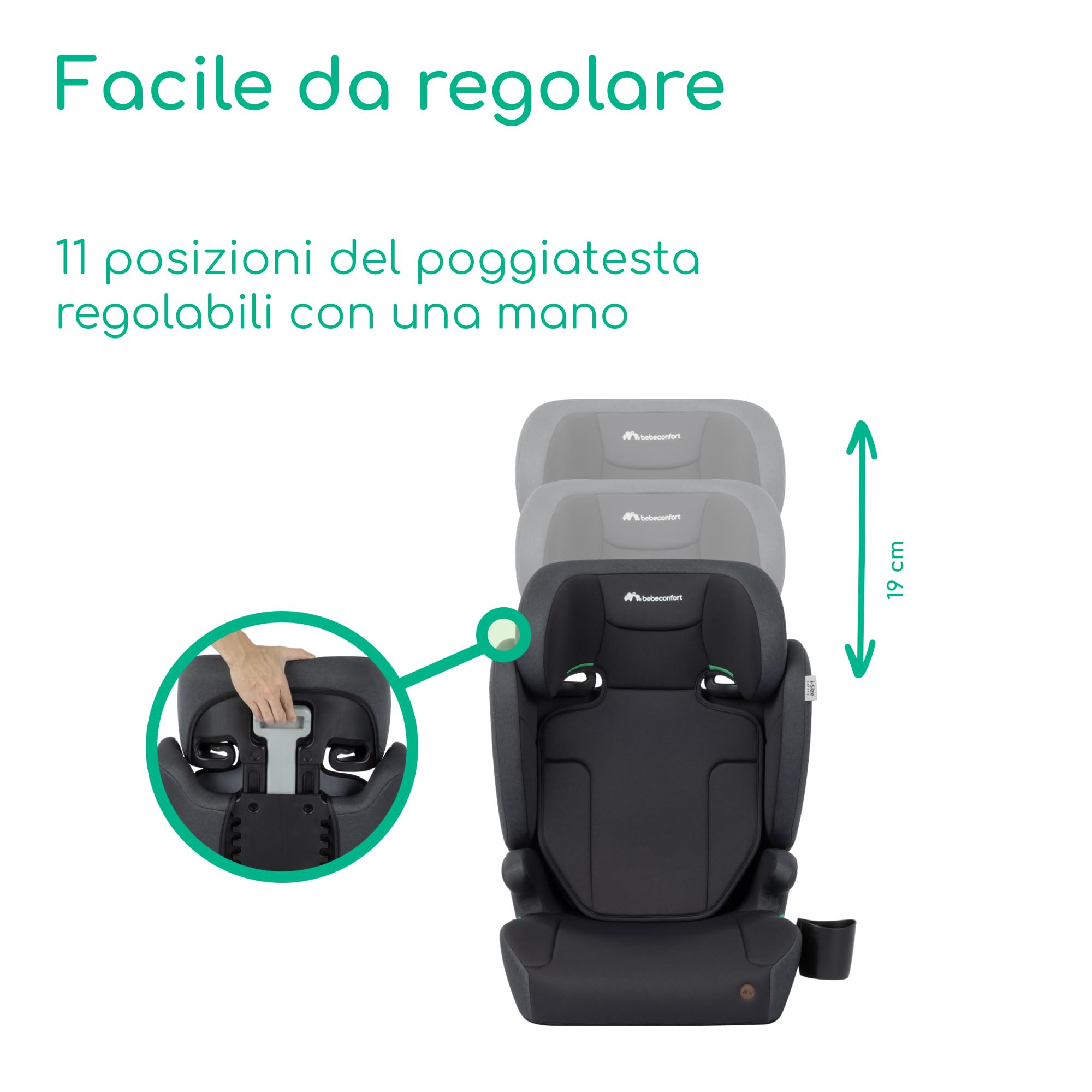 Bebeconfort Ride i-Safe Seggiolino Auto Bambini 100-150 cm (3,5-12 Anni), Gruppo 2/3, Rialzo Auto con Schienale Rimovibile, R129, Leggero 3,4 kg, Poggiatesta Regolabile 11 Posizioni, Portabibite, Nero