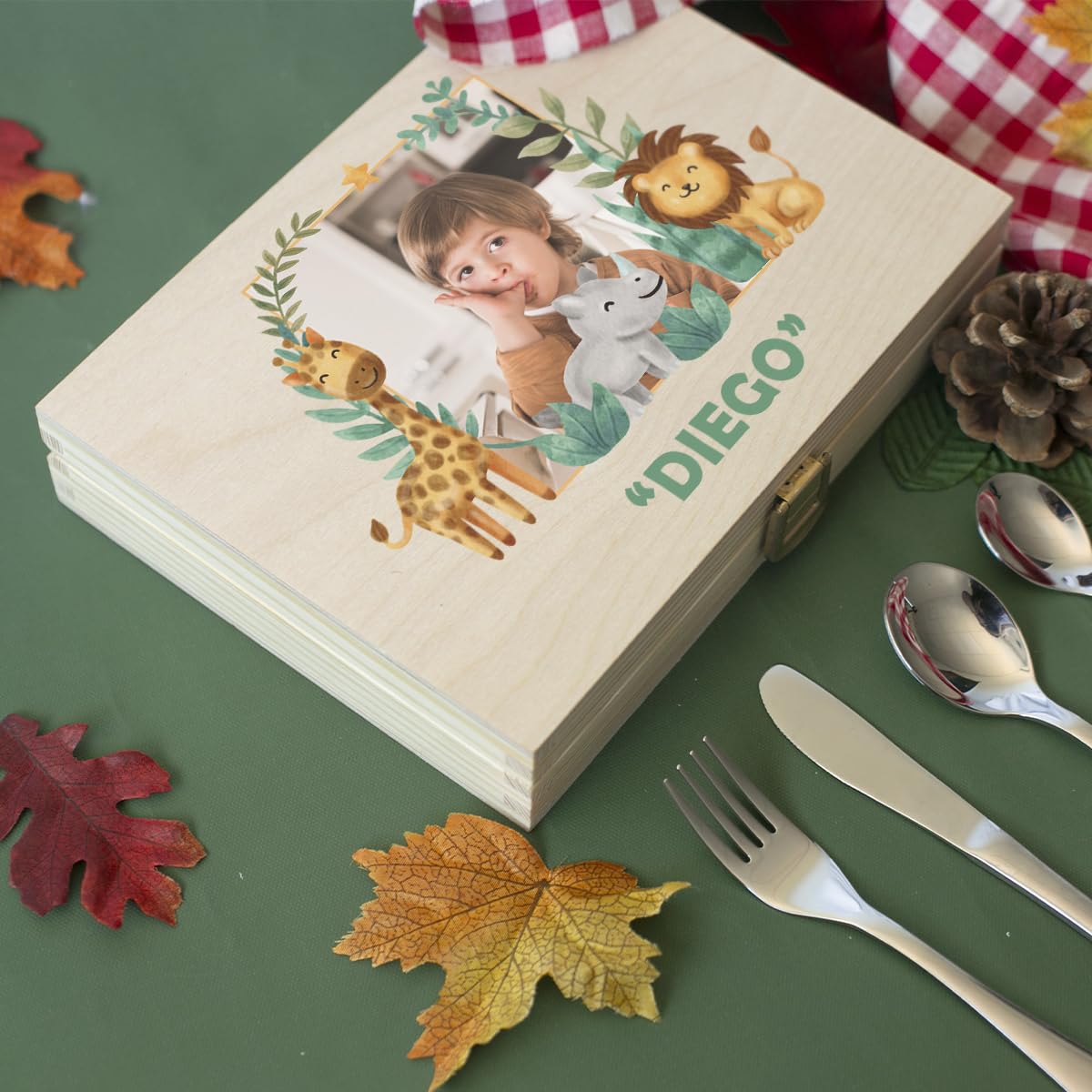 Coffret Couverts Enfant Personnalisés Safari avec Photo Imprimée UV - Set 4 Couverts Gravés Acier Inoxydable - Cadeau Naissance Baptême
