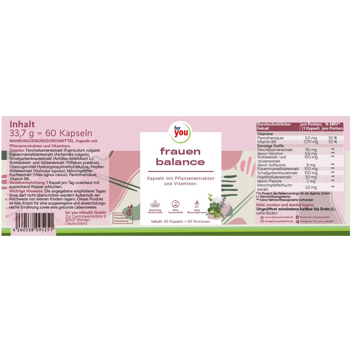for you frauen balance 2x60 Kapseln- Unterstützt die hormonelle Balance der Frau - Pflanzenextrakte Fenchel, Frauenmantel, Schafgarbe, Rotklee, Hopfen, Mönchspfeffer & Vitamin B5 & B6