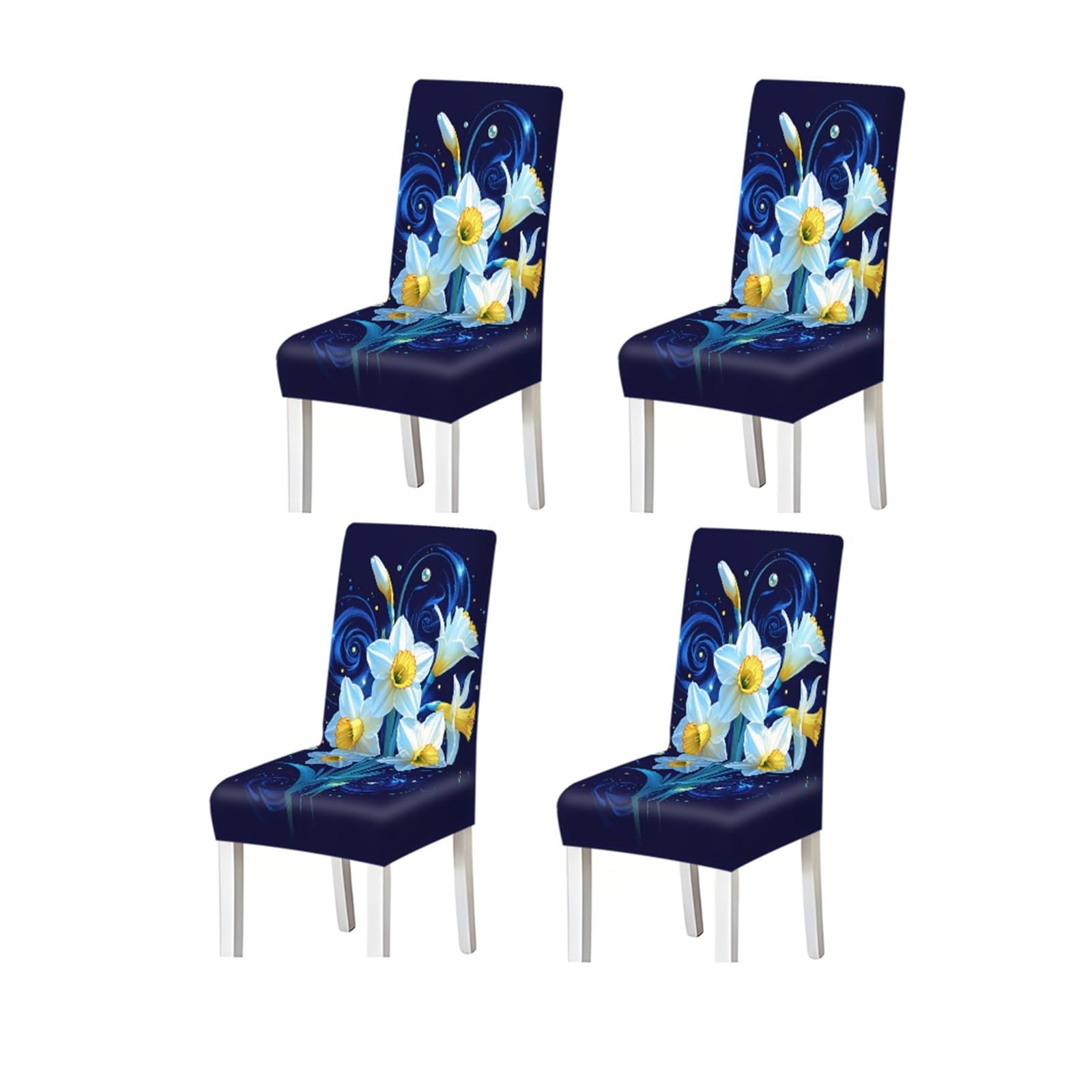 Kxuauv One Color Elegant Navy Blue White Daffodil Floral Print Dining Chair Covers, Stretch Slipcovers For Kitchen Dining Room Spring Party, 2/4/6Pcs Seat Protectors For Restaurant Hotel Party(4Pcschair Cover)