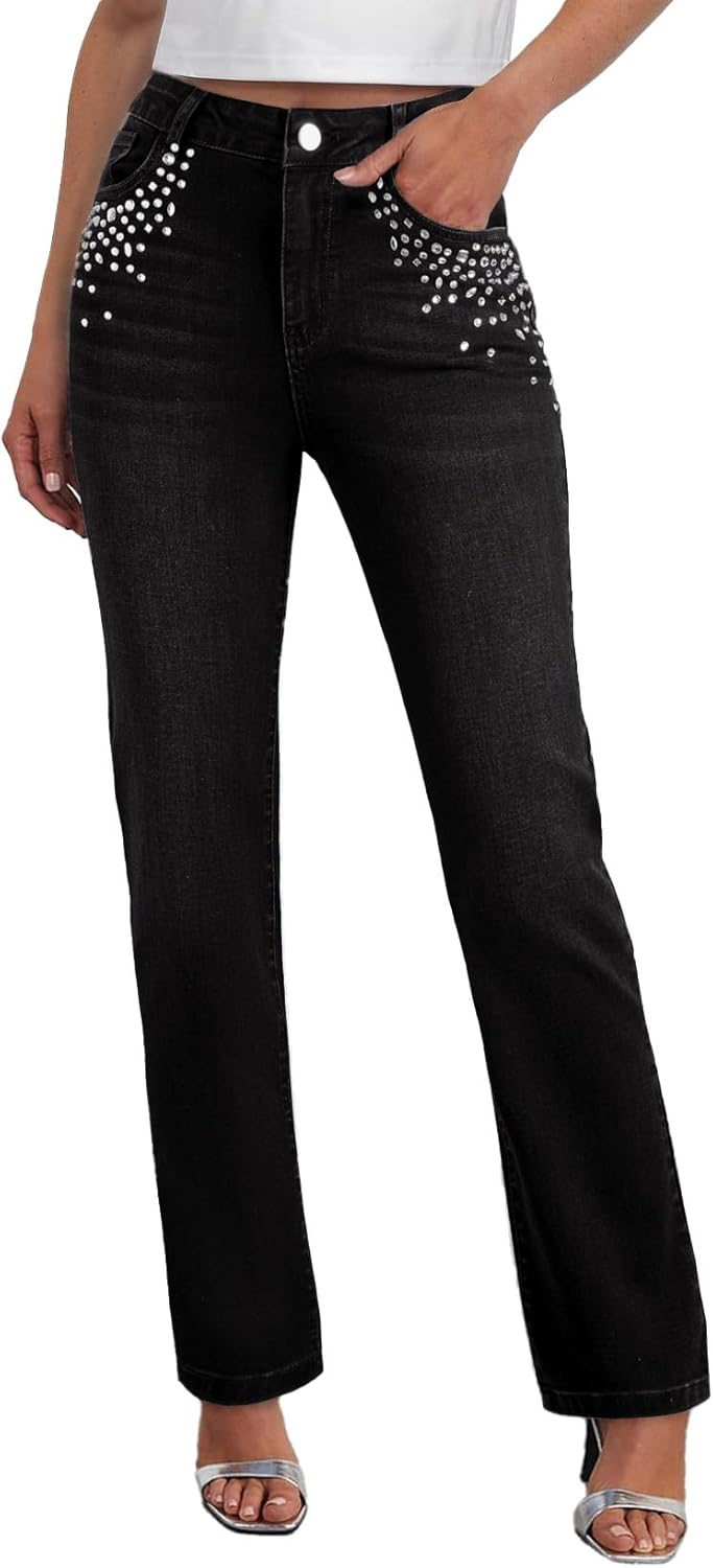 Sidefeel Women's Straight Leg Jeans High Waisted Stretchy Rhinestone Wide Leg Denim Pants