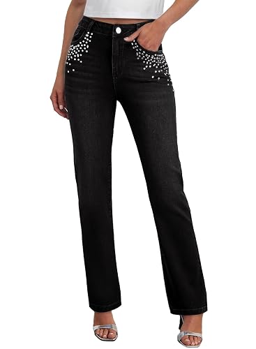 Sidefeel Women's Straight Leg Jeans High Waisted Stretchy Rhinestone Wide