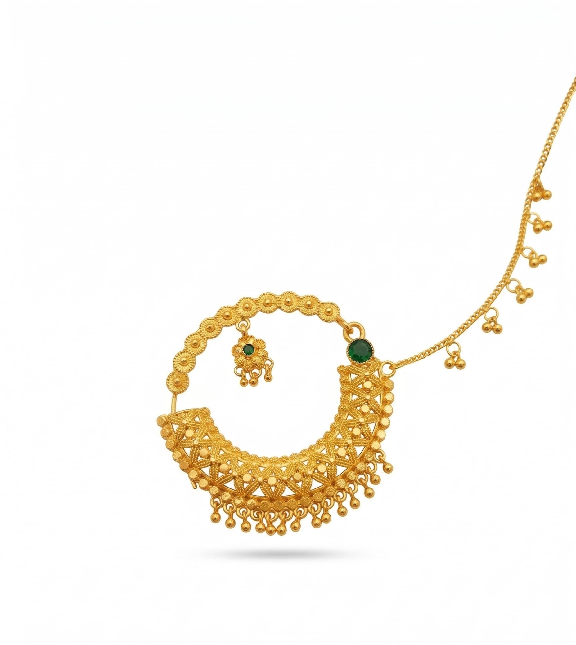 Gold-Toned Traditional Nath with Green Stone, Floral Design, Dangling Beads, Bridal Jewellery, Pahadi Nath Medium Size, Kumaoni, Himachali, Rajasthani, Rajputani Style, Pahadi Jewellery-image-20