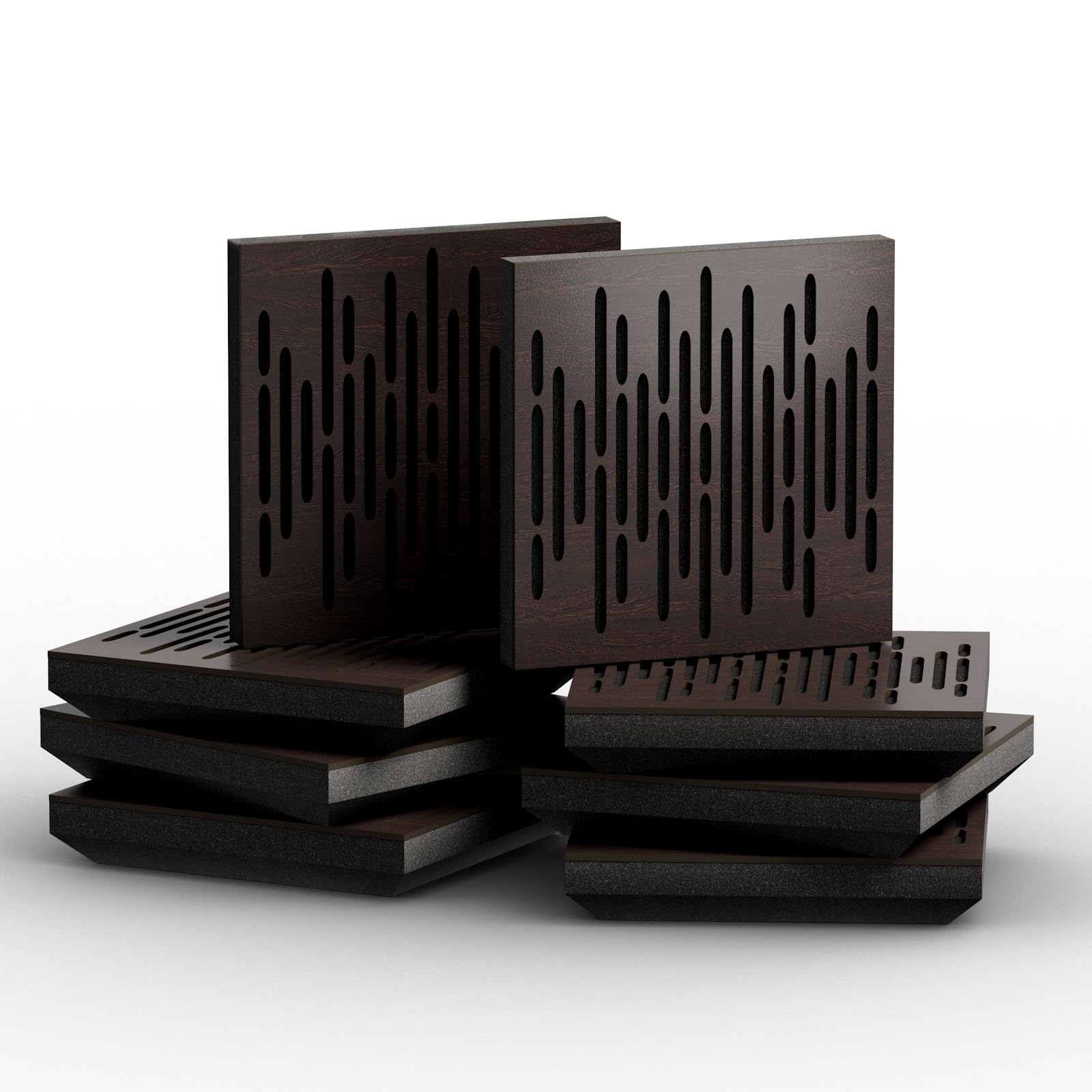 Pack de 8 paneles acústicos pequeños | Panel mural decorativo con absorción acústica | Reducción del ruido | Absorción y difusión | 25×25×5cm | Color: [Wengué | WAVE-Mini - 53mm]