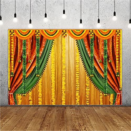 Image of Lofaris India Pooja Photography Backdrop Puja Ganpati Pooja Traditional Mehndi Festival Background Diwali Decorations Wedding Party Marigold Garlands Photo Props 5x3ft