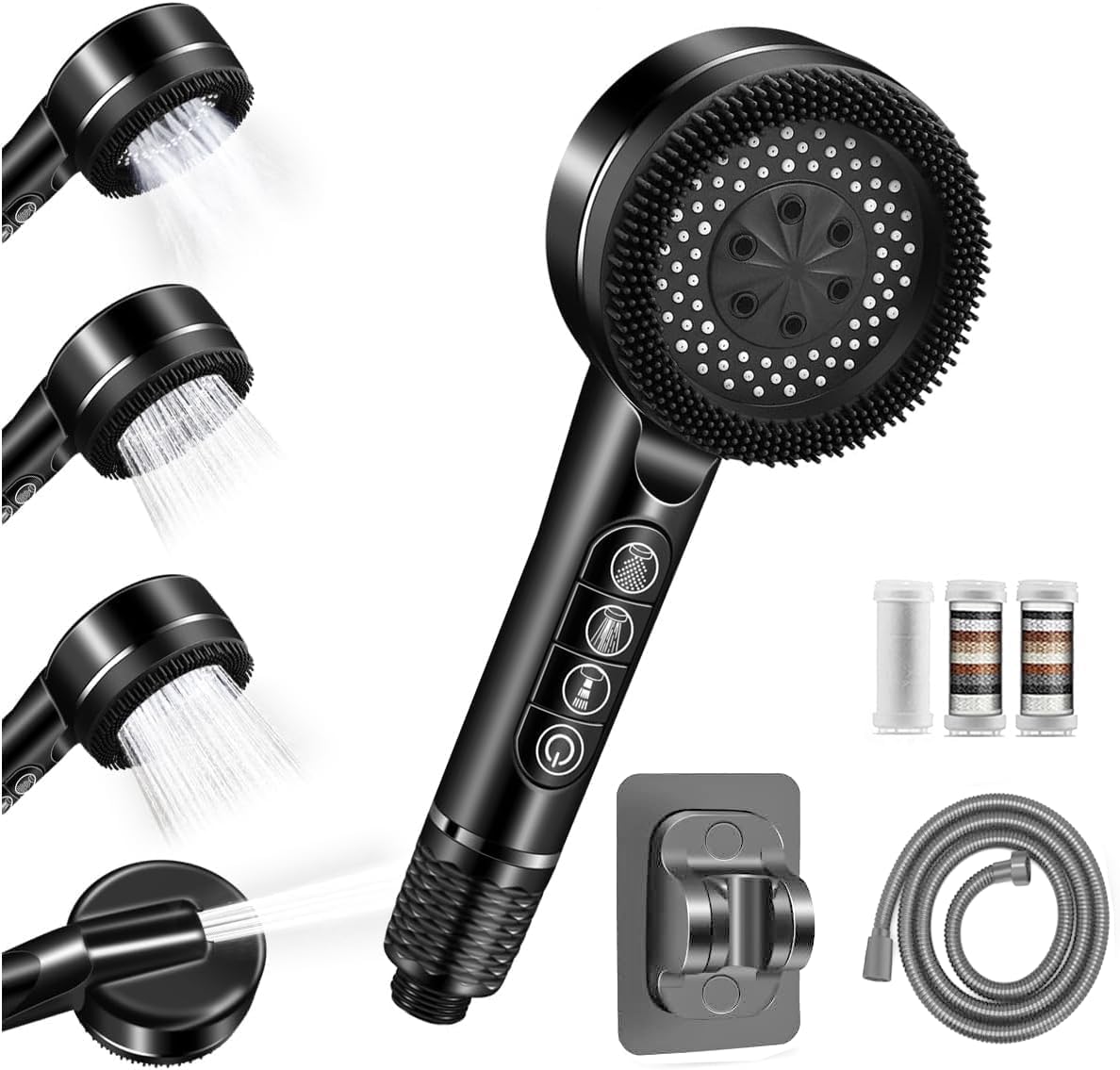High Pressure Shower Heads, Hard Water Filter Shower Head with 1.5m Shower Hose and Shower Stand, 4 Mode Power Shower Head with Pause Switch, Shower Pro Head Showerhead with Water Filter, Black