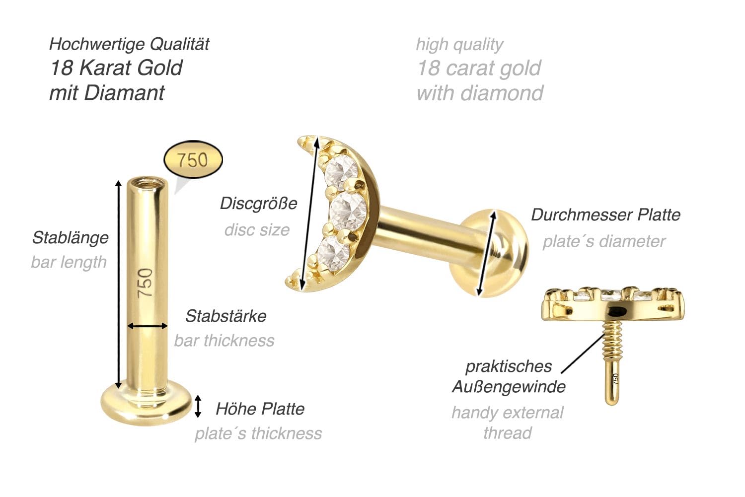 PIERCINGLINE Piercing Stecker 18 Gold Labret mit Innengewinde DIAMANT-MOND 750er Gold - Goldfarben